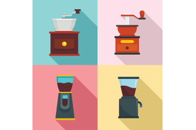 Coffee grinder icon set, flat style