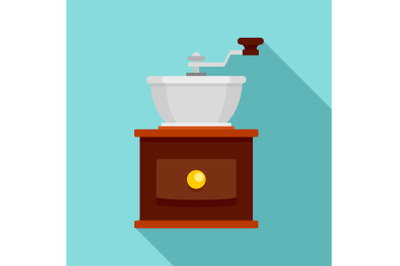 Hand coffee grinder icon, flat style