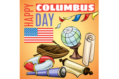 Happy columbus day concept banner, cartoon style
