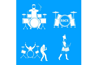 Drummer drum rock musician icons set, simple style
