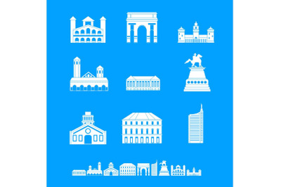 Milan Italy city skyline icons set, simple style