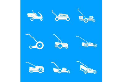 Lawnmower grass garden icons set, simple style