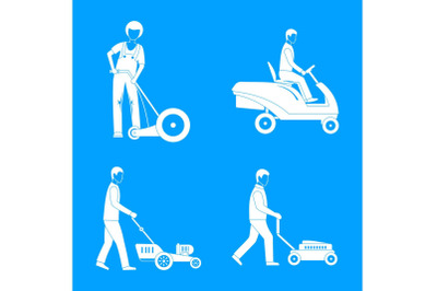 Lawnmower service man icons set, simple style