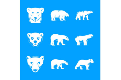 Polar bear baby white icons set, simple style