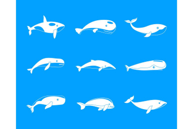 Whale blue tale fish icons set, simple style