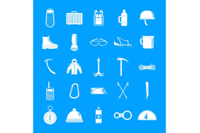 Mountaineering equipment icons set, simple style