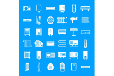 Electric heater device icons set, simple style