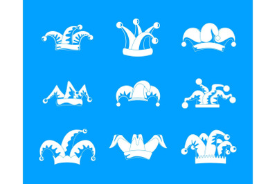 Jester fools hat icons set, simple style