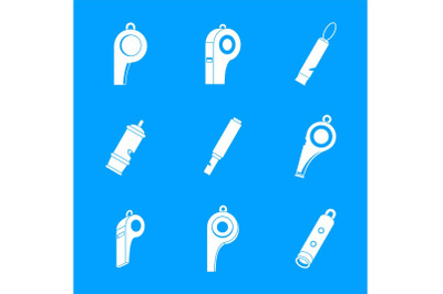 Whistle coaching blow icons set, simple style