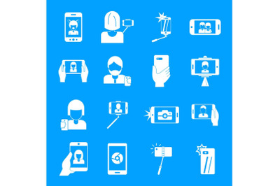 Selfie video photo people icons set, simple style