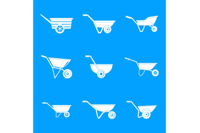 Wheelbarrow garden plant icons set, simple style
