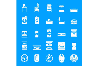Tin can food package jar icons set, simple style