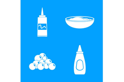 Mustard seeds sauce bottle icons set, simple style