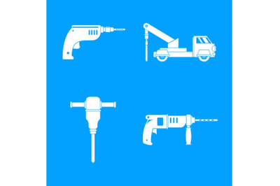 Drilling machine electric icons set, simple style