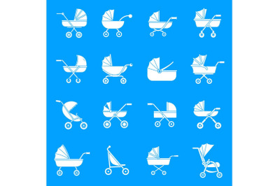 Pram stroller carriage icons set, simple style