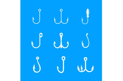 Fishing hook rod tackle icons set, simple style.