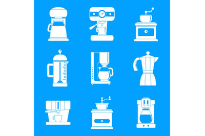 Coffee maker pot espresso icons set, simple style