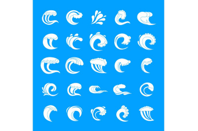 Water wave icons set, simple style