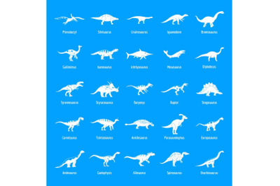 Dinosaur types signed name icons set, simple style