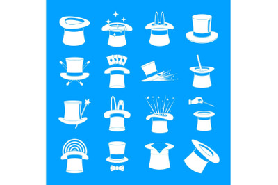 Magician hat sorcery icons set, simple style