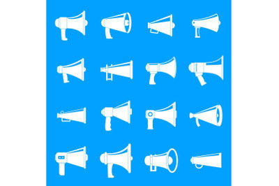 Megaphone loud speaker icons set, simple style