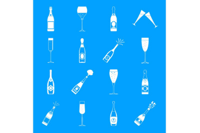 Champagne bottle glass icons set, simple style