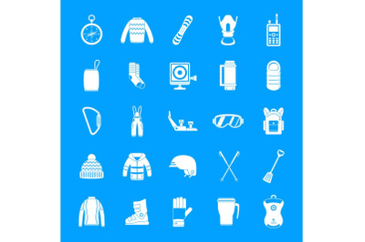 Snowboard equipment winter icons set, simple style