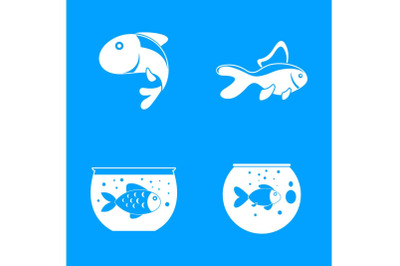 Goldfish and fishbowl icons set, simple style