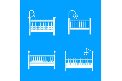 Baby crib cradle bed icons set, simple style