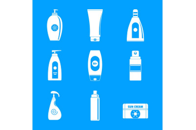 Sunscreen sun protect logo icons set, simple style