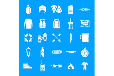 Rafting kayak water canoe icons set, simple style