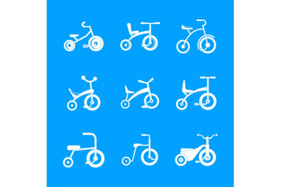 Tricycle bicycle bike wheel icons set, simple style