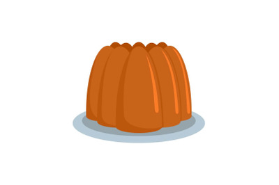 Fresh brown cake on plate icon, flat style