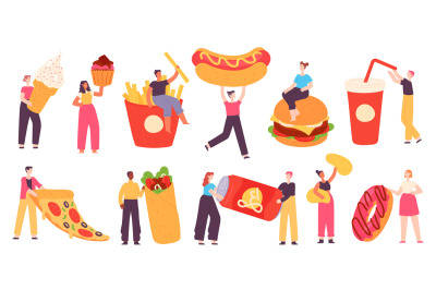 People with fast food. Tiny characters hold pizza, burger, hot dog, so