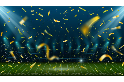 Football stadium with golden confetti. Landscape with american footbal