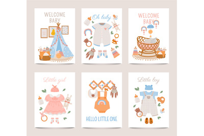 Nursery decor posters. Baby shower cards for boy and girl with newborn