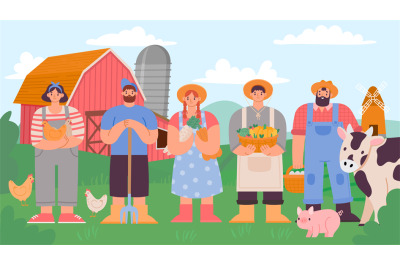 Farmers team. Cartoon agricultural man and woman with fresh product an