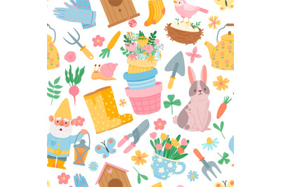 Spring seamless pattern. Garden tool elements, pots with flowers, vege