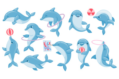 Dolphins with balls. Cute cartoon blue dolphin character play, jump th