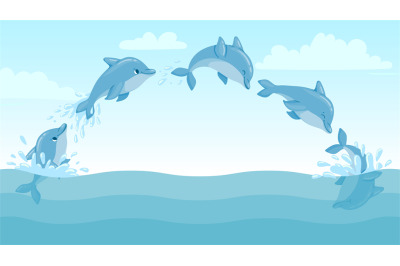 Dolphin jump out of water. Cartoon marine landscape with jumping dolph