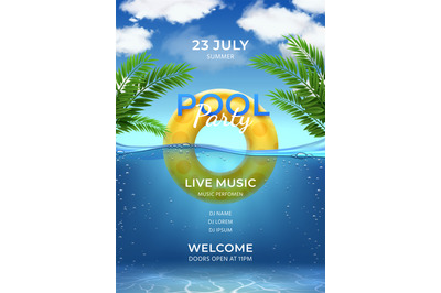 Pool party. Summer swimming party invitation template with inflatable