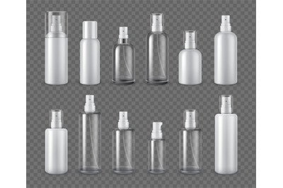 Spray bottles. Realistic cosmetic aerosol, deodorant or sprayer clear