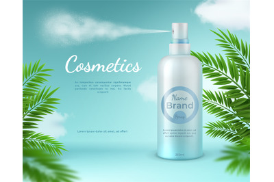 Cosmetic spray banner. Natural skincare product poster with tropical p