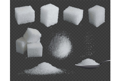 Realistic sugar. 3d glucose in cubes and powder. White grain sugar in