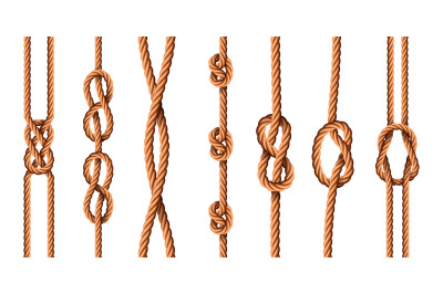 Nautical knots. Realistic ropes with sailor or scout knot types. Tied