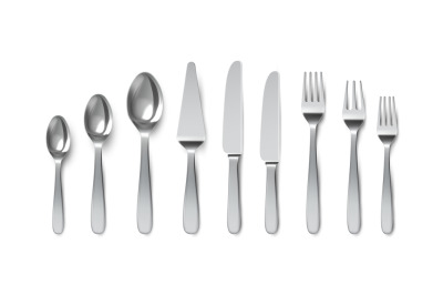 Realistic cutlery. Spoons, forks and table knives. Silverware utensil