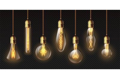 Edison light bulbs. Hanging vintage pendant copper lamps with glowing