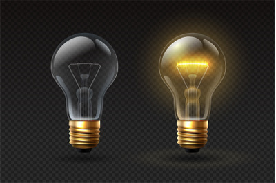 Realistic light bulb. On and off glass electric lightbulbs with filame