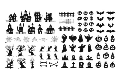 Halloween silhouettes. Spooky decorations zombie hands, scary tree, gh