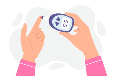 Blood glucose test. Hands hold glucometer and measures sugar level by